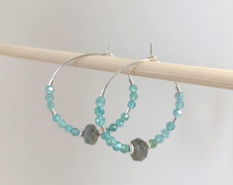Apatite and Labradorite hoop earrings, genuine natural ring, 30mm, 925 sterling silver, handmade
