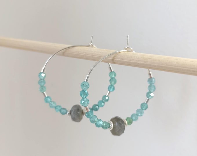 Apatite and Labradorite hoop earrings, genuine natural ring, 30mm, 925 sterling silver, handmade
