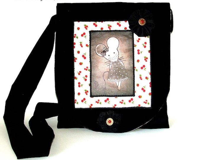 Besace cabas femme noir,fait main,sac velours illustré bandoulière,artisanal,grand sac femme noir