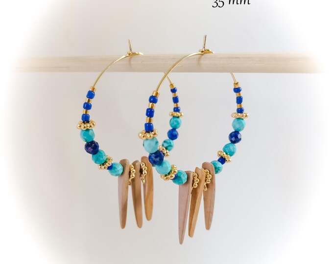 Créoles boucles d'oreilles lapis lazuli et turquoise pierre naturelle 35mm plaqué or artisanales fait main