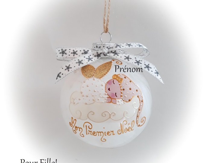 Boule de noël premier noël bébé fille naissance personnalisé mon premier noël fée ange lutine verre illustration peinte main artisanale