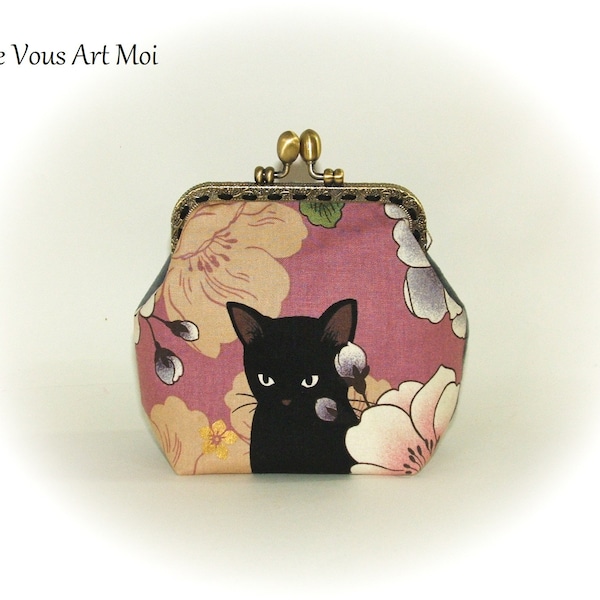 Porte monnaie trousse chat velours trousse illustrée fermoir métallique fait main artisanale