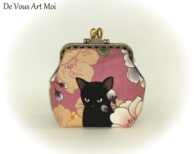 Porte monnaie trousse chat velours,trousse illustrée fermoir métallique,fait main artisanale