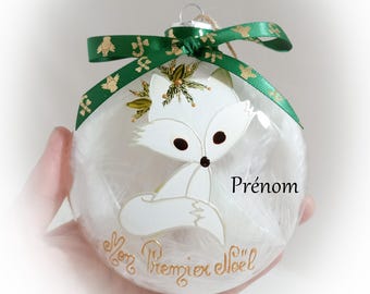 Boule de Noël personnalisée mon premier noël naissance verre dessin renard blanc fait main artisanale