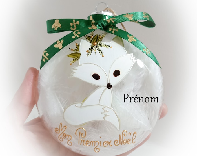 Boule de Noël personnalisée mon premier noël naissance verre dessin renard blanc fait main artisanale