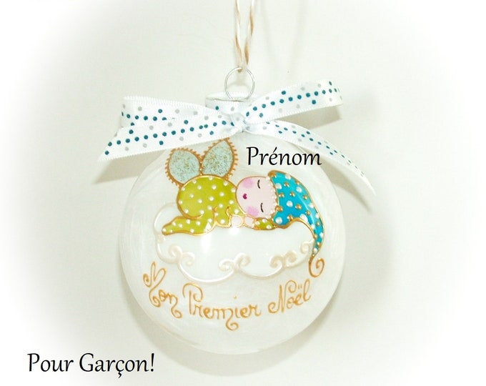 Boule de noël premier noël garçon prénom personnalisé bébé lutin ange de noël peint main