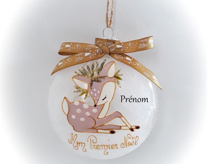 Boule de Noël naissance personnalisée mon premier noël dessin illustration bébé biche faon fait main artisanale