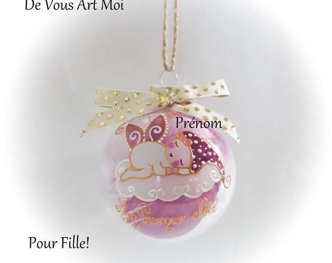 Boule de noël personnalisé mon premier noël fée ange lutine verre illustration peinte main artisanale