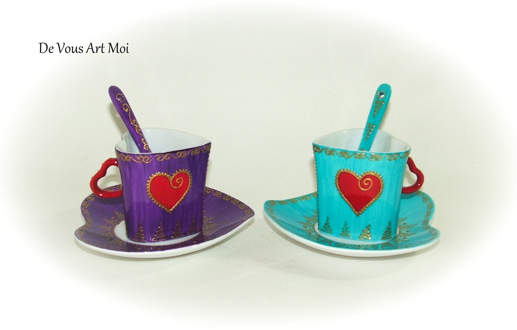 Tasse Coeur Porcelaine Peinte, Duo Tasses Saint Valentin, Artisanale Fait Main