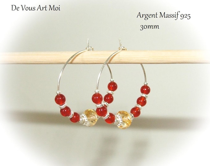 Handmade 925 sterling silver hoop earrings with natural citrine and carnelian stones