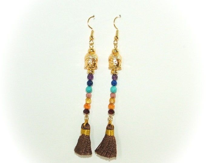 Boucles d'oreille pierres multicolores 7 chakras bouddha plaqué or fait main artisanale