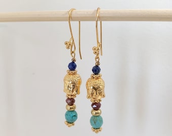 Original, handcrafted, gold-plated, multi-colored semi-precious stone dangle earrings featuring a Buddha design.