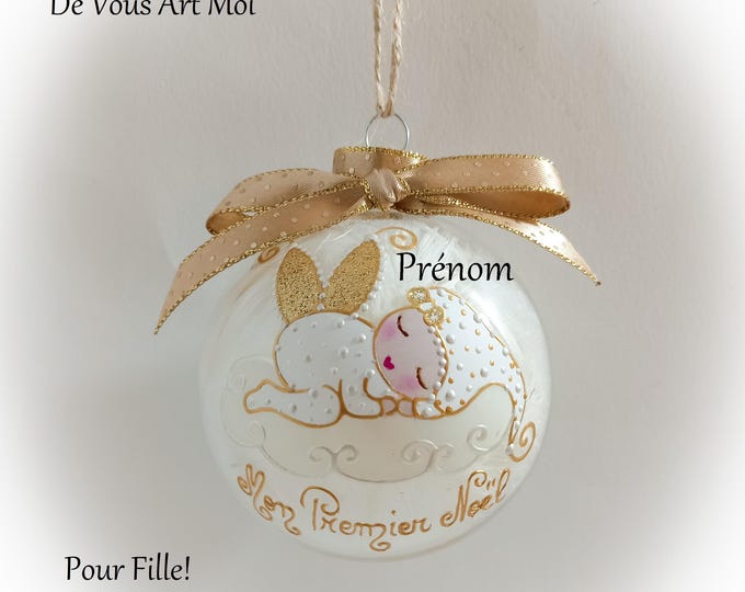 Boule de noël premier noël naissance fille personnalisé fée ange lutine verre illustration peinte main artisanale