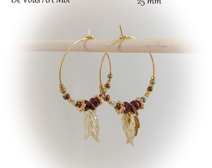 Créoles boucles d'oreille pierre grenat et plume 25mm plaqué or artisanal