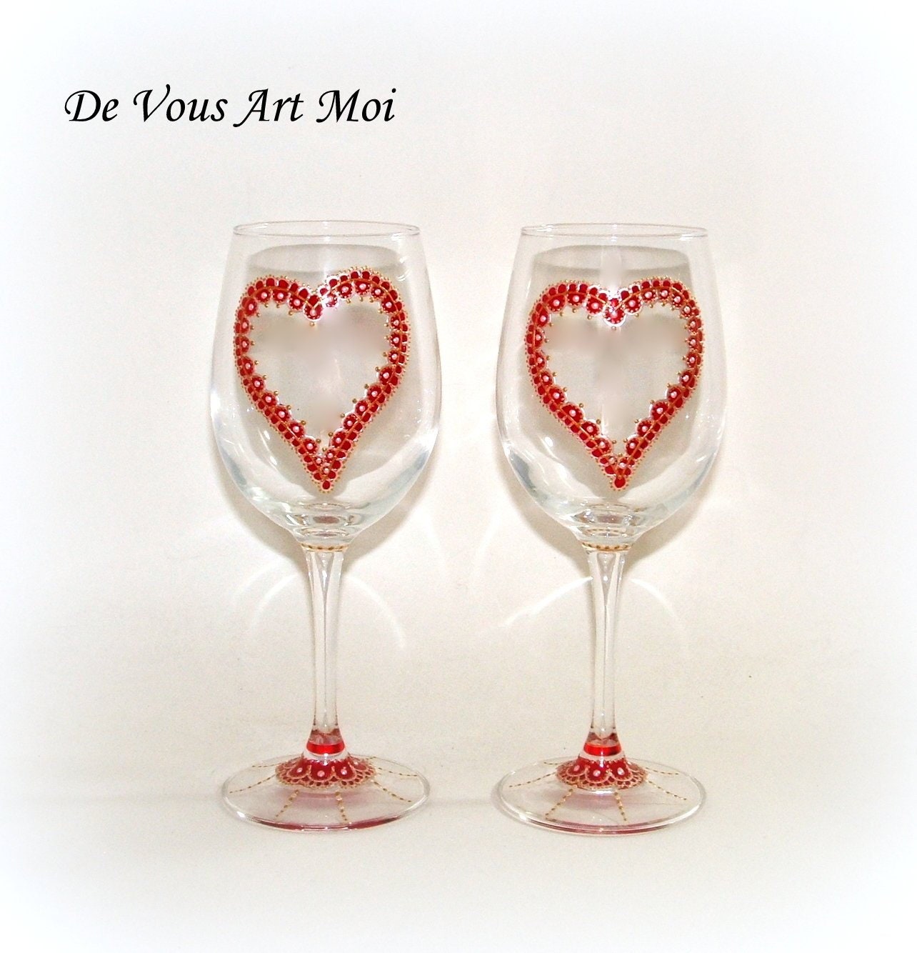 Verre à Vin Cœur, Verre de Noël, Fait Main, Duo Grands Verres Vin, Peint La Main, Doré Rouge, Verre 