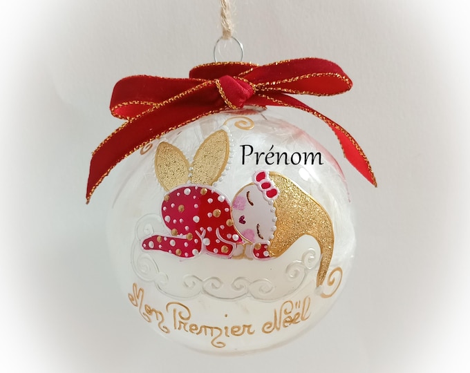 Boule de noël premier noël bébé fille naissance personnalisé mon premier noël fée ange lutine verre illustration peinte main artisanale