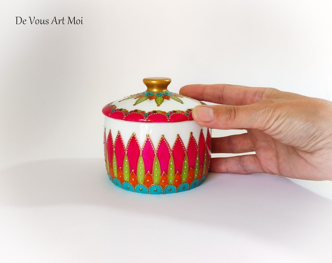 Boite originale céramique porcelaine pot récipient thé sucre multicolore peint main artisanal