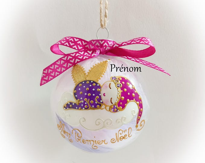 Boule de noël mon premier noël fille naissance personnalisé noël fée ange lutine elfe verre illustration peinte main artisanale