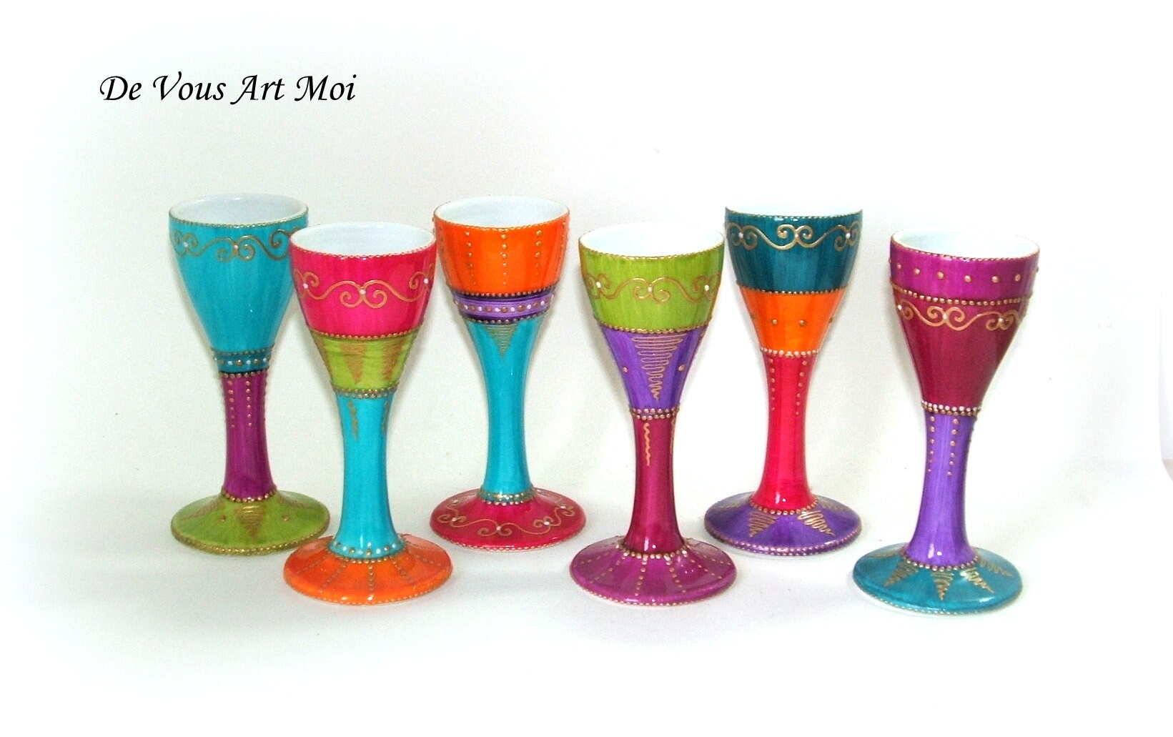 Ensemble Coquetiers Original Colorés, Peints Main, 6 Haut sur Pied, Porcelaine Artisanale