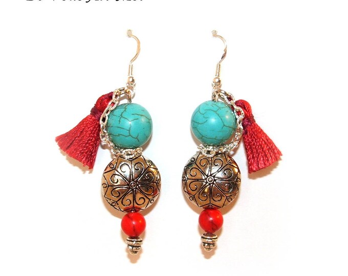 Boucles D'oreille bohème turquoise,fait main,pierre de gemmes,pompons,argent 925,boucle d'oreille turquoise et rouge