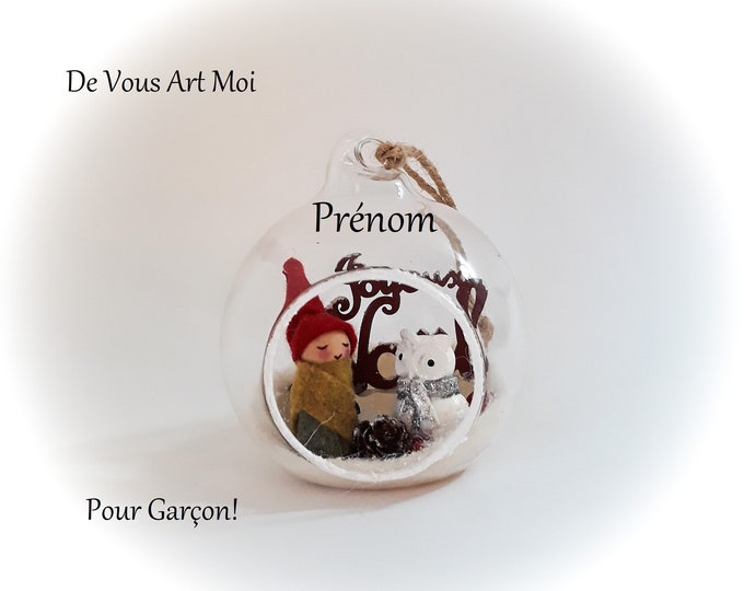 Boule de noël personnalisée garçon originale boule noël verre ouverte original lutin fait main artisanale