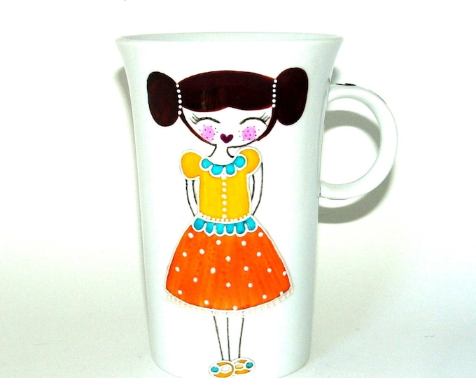 Mug tasse porcelaine,fait main,tasse peinte main,illustration fille,mug grande contenance,mug décoré main,tasse artisanale