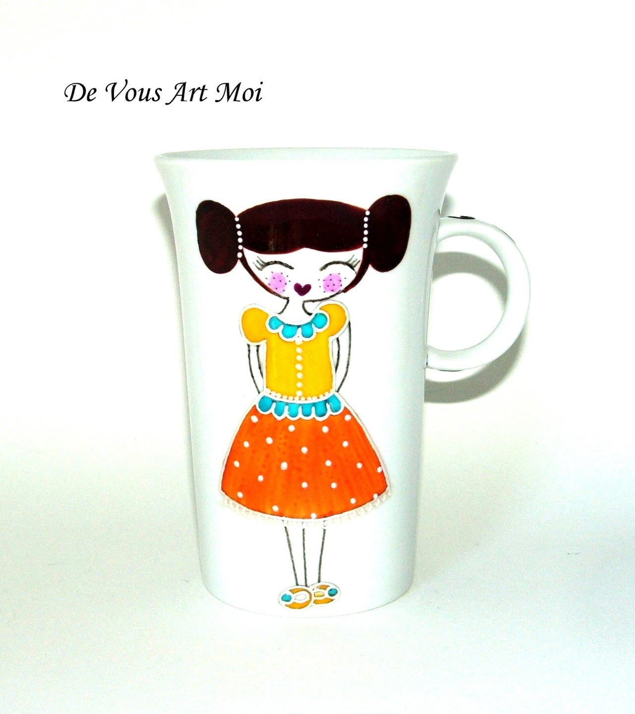 Mug Tasse Porcelaine, Fait Main, Tasse Peinte Main, Illustration Fille, Mug Grande Contenance, Mug D