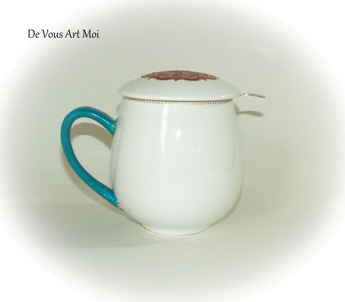 Mug à infusion en porcelaine avec filtre en inox - Mandala turquoise