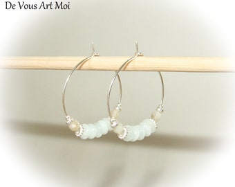 Natural moonstone hoop earrings, genuine 925 sterling silver ring, handmade.