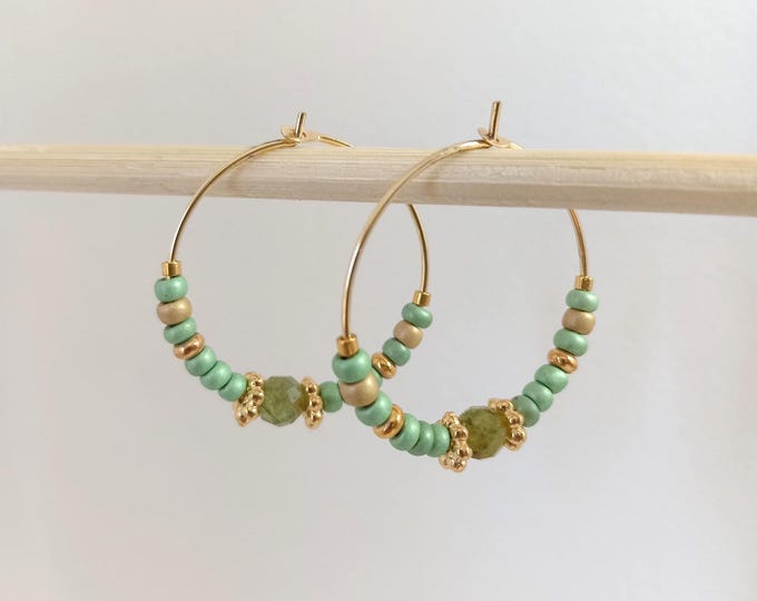 Handmade 25mm peridot stone hoop earrings, 24K gold plated
