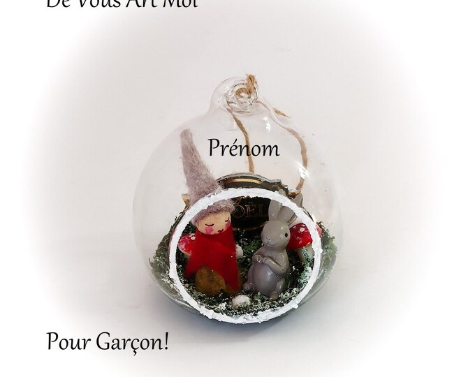 Boule de noël personnalisée garçon originale boule noël verre ouverte original lutin fait main artisanale