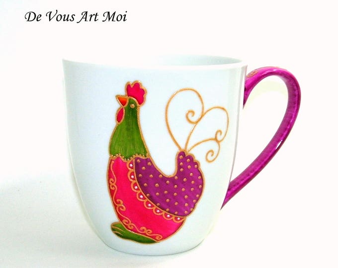 Mug tasse 50cl porcelaine,Gros Mug jumbo illustré poule,peint main artisanal