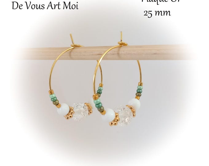 White hoop earrings with natural jade and crystal stones, 25mm, gold plated, handmade