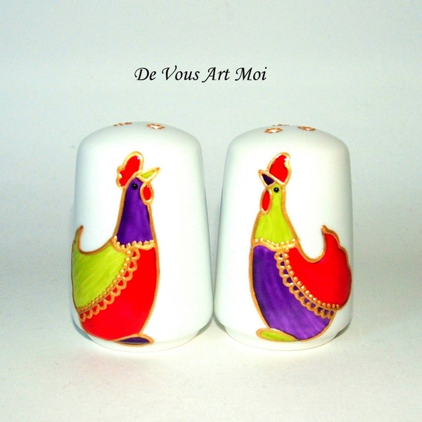 Salière Poivrière poule céramique cadeau vaisselle original coloré duo sel poivre Porcelaine peinte main artisanal
