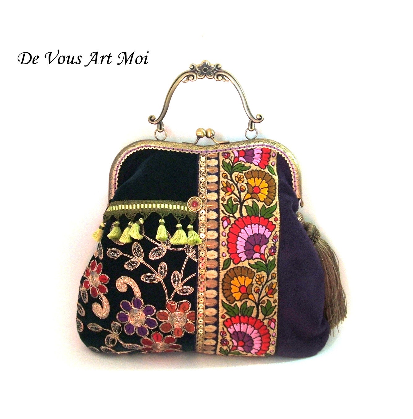 Sac Bandoulière Bohème En Velours Rouge Avec Pompons Et Sequins - Fait Main, Neuf