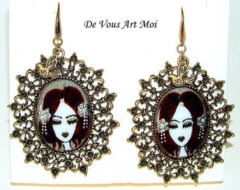 Boucles d'oreilles médaillon vintage,boucle d'oreille peinture femme,artisanal