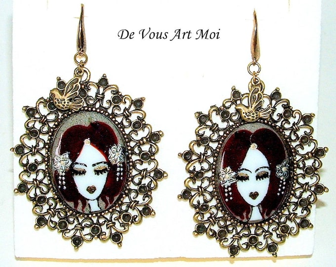 Boucles d'oreilles médaillon vintage,boucle d'oreille peinture femme,artisanal