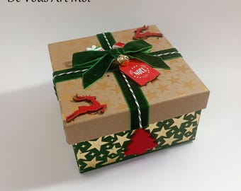 Original red Christmas-themed gift box, handmade wooden decoration