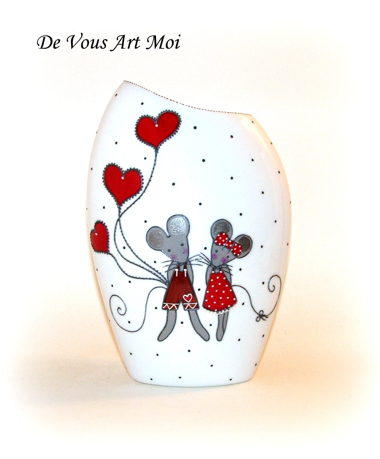 Vase en Porcelaine, Fait Main, Vase Moderne Design, Couple de Souris, Amoureux, Peint à La Main, Cad