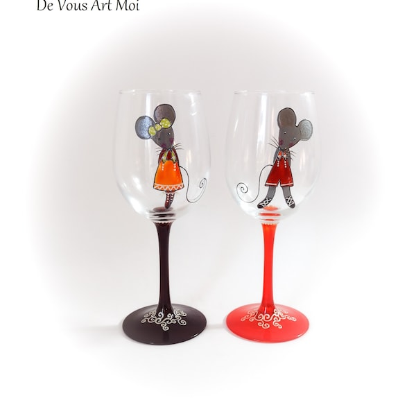 Verre à vin original illustrés cadeau couple noël mariage saint valentin souris peinte main artisanal