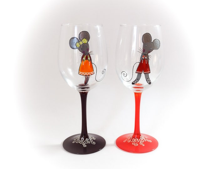 Verre à vin original illustrés cadeau couple noël mariage saint valentin souris peinte main artisanal