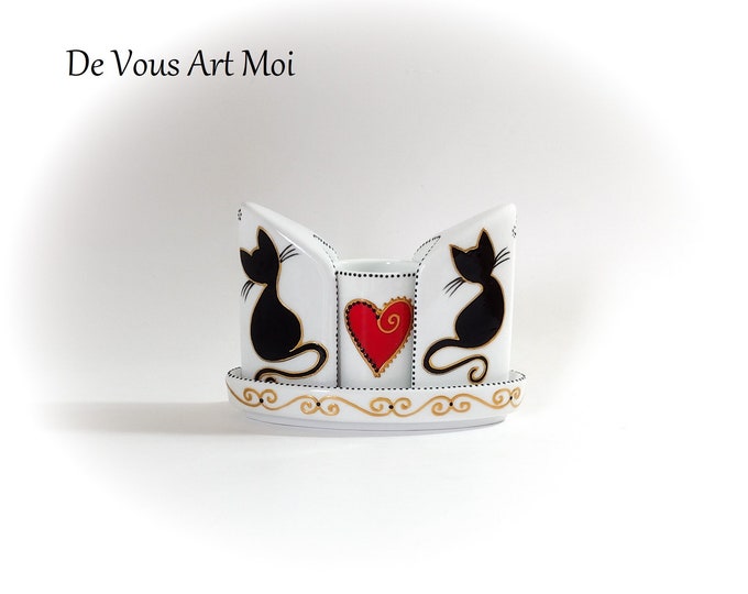 Salière Poivrière cure dent ensemble porcelaine céramique original cadeau illustration chat fait main artisanal