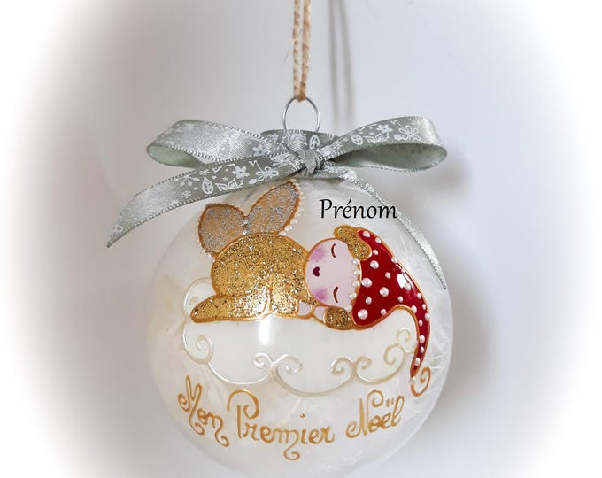 Boule mon premier noël bébé personnalisée fée ange lutine verre illustration peinte main artisanale