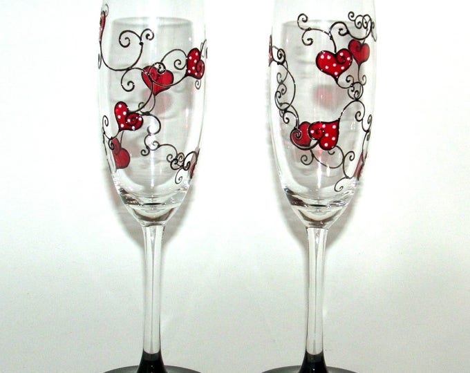 Flûtes à champagne,duo de verres peints,verre ,à champagne,motif,cœur rouge noir,fait main,verre artisanal