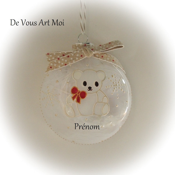 Boule de Noël personnalisée illustrée ourson blanc verre peinte main artisanale