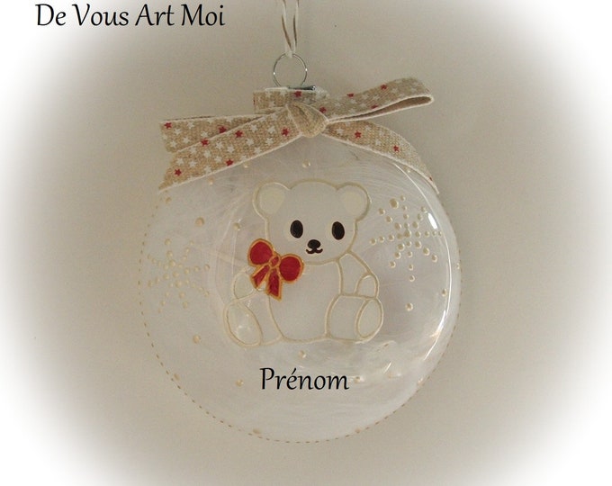 Boule Noël personnalisée illustrée,boule noël prénom enfant,Noël boule ourson blanc,peinte main