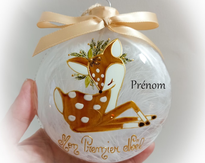 Boule de noël naissance mon premier noël personnalisée illustration faon fait main artisanale