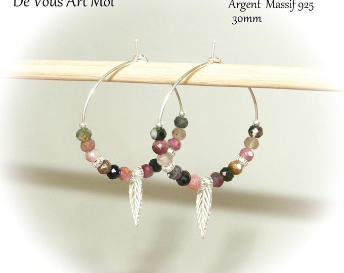 Créoles Boucles d'oreilles argent 925 pierre multicolore tourmaline feuille artisanal