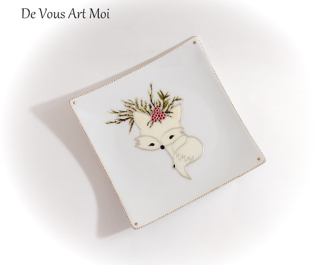 Renard blanc noël Vide poche coupelle originale illustration dessin renard blanc peint main artisanal