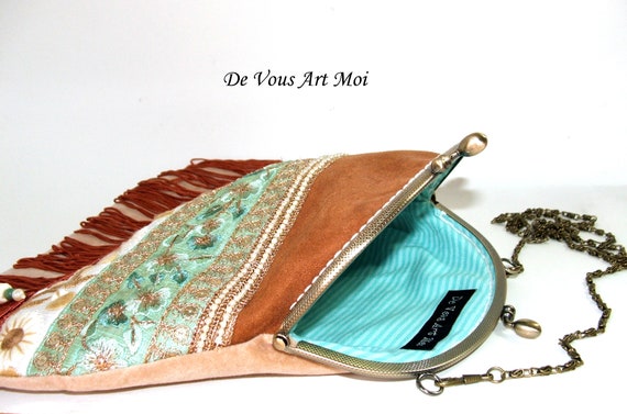 handmade Embroidery bag fringe pompoms chain bag metal clasp bag boho crochet macram\u00e9